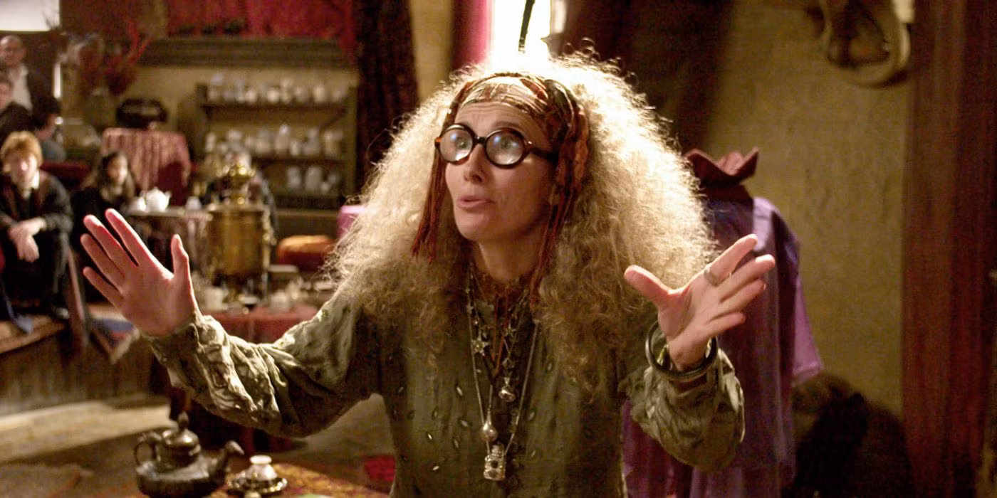 Emma Thompson as Professor Sybill Trelawney teaching a Divination class at Hogwarts in the Harry Potter films.