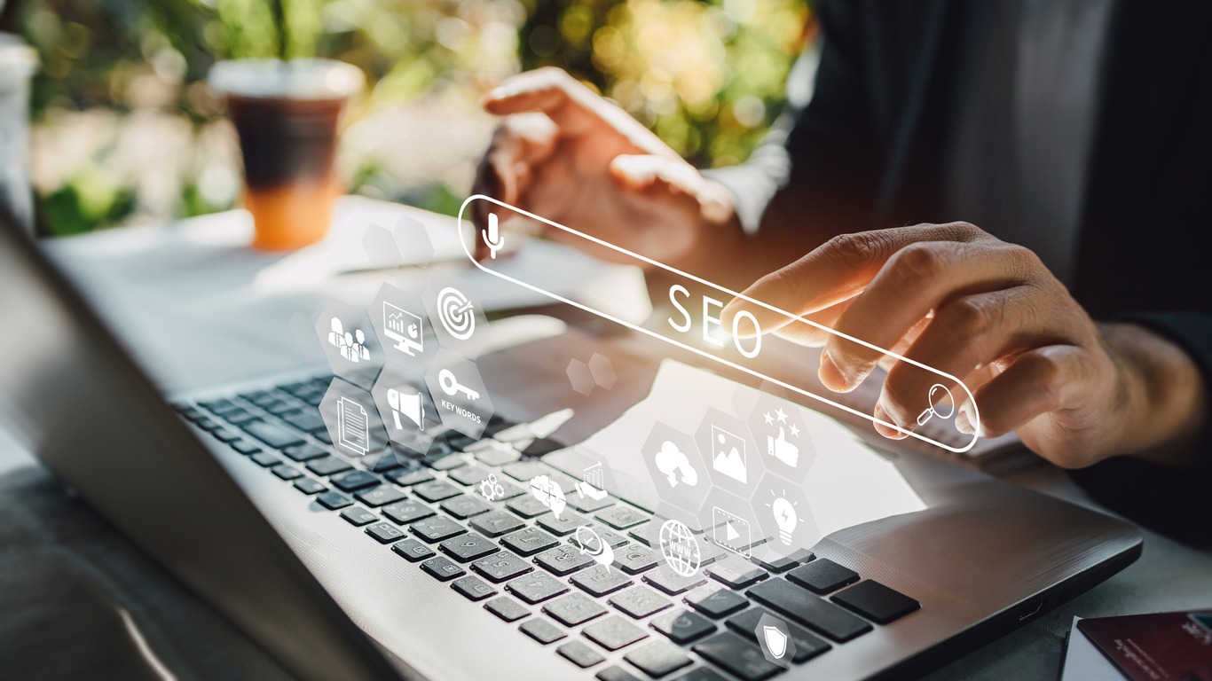 person working with search engine optimization : seo with social media content and advertisement from website.