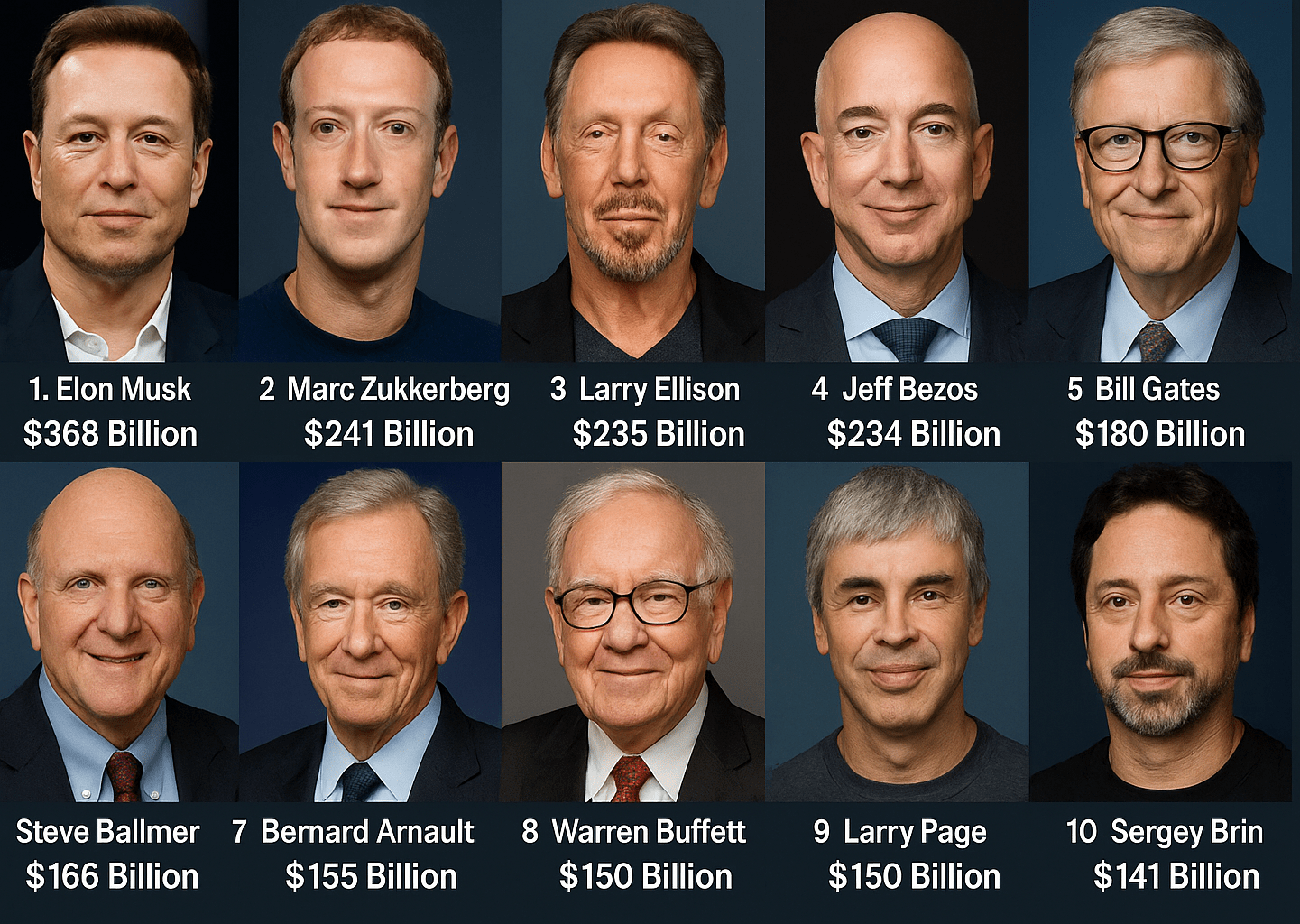 Top 10 richest people in the world with names, ranks, and net worth displayed beneath their portraits.