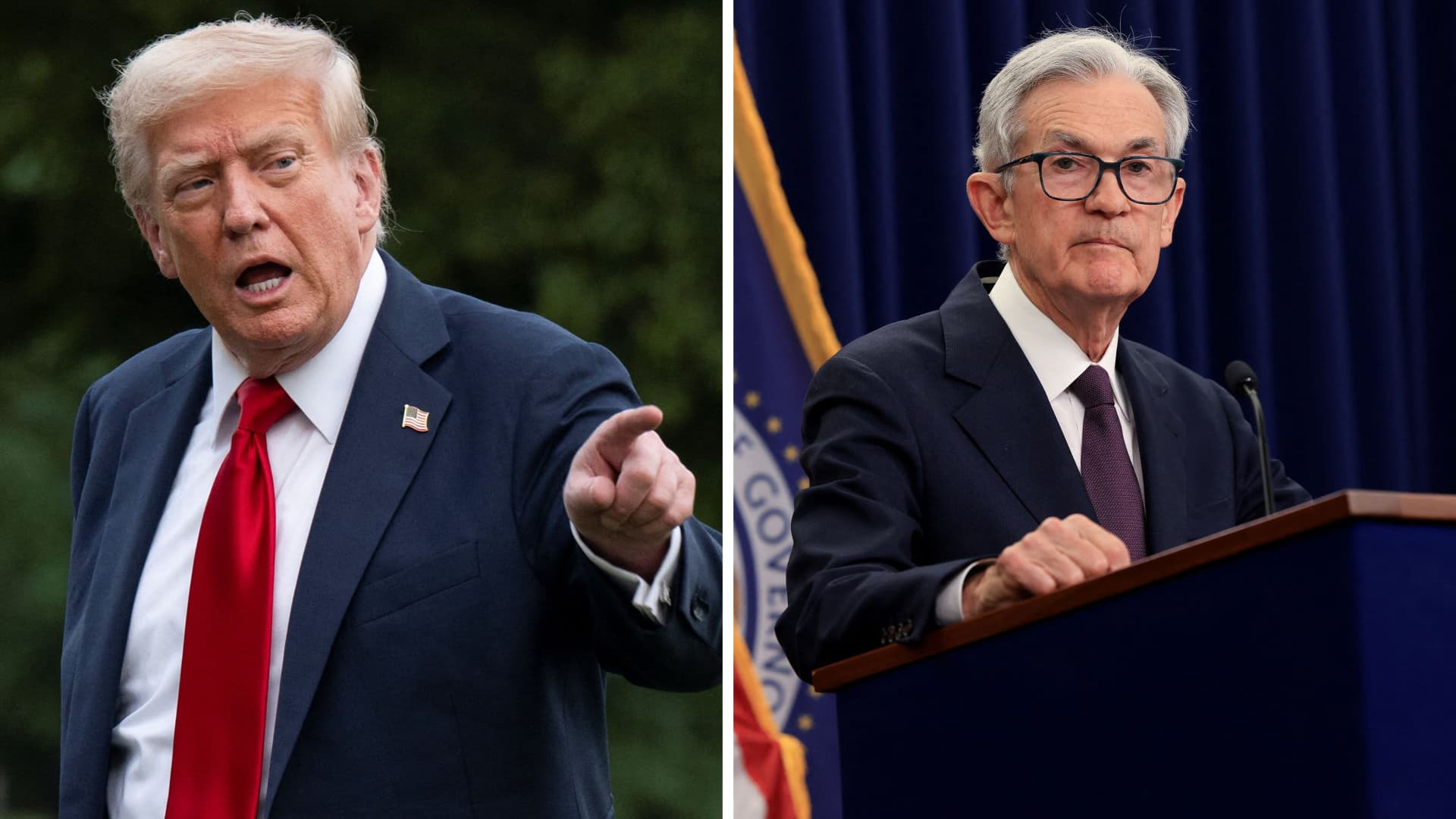 Side-by-side image of Donald Trump and Jerome Powell, highlighting tension after Trump hinted at firing the Federal Reserve chair.