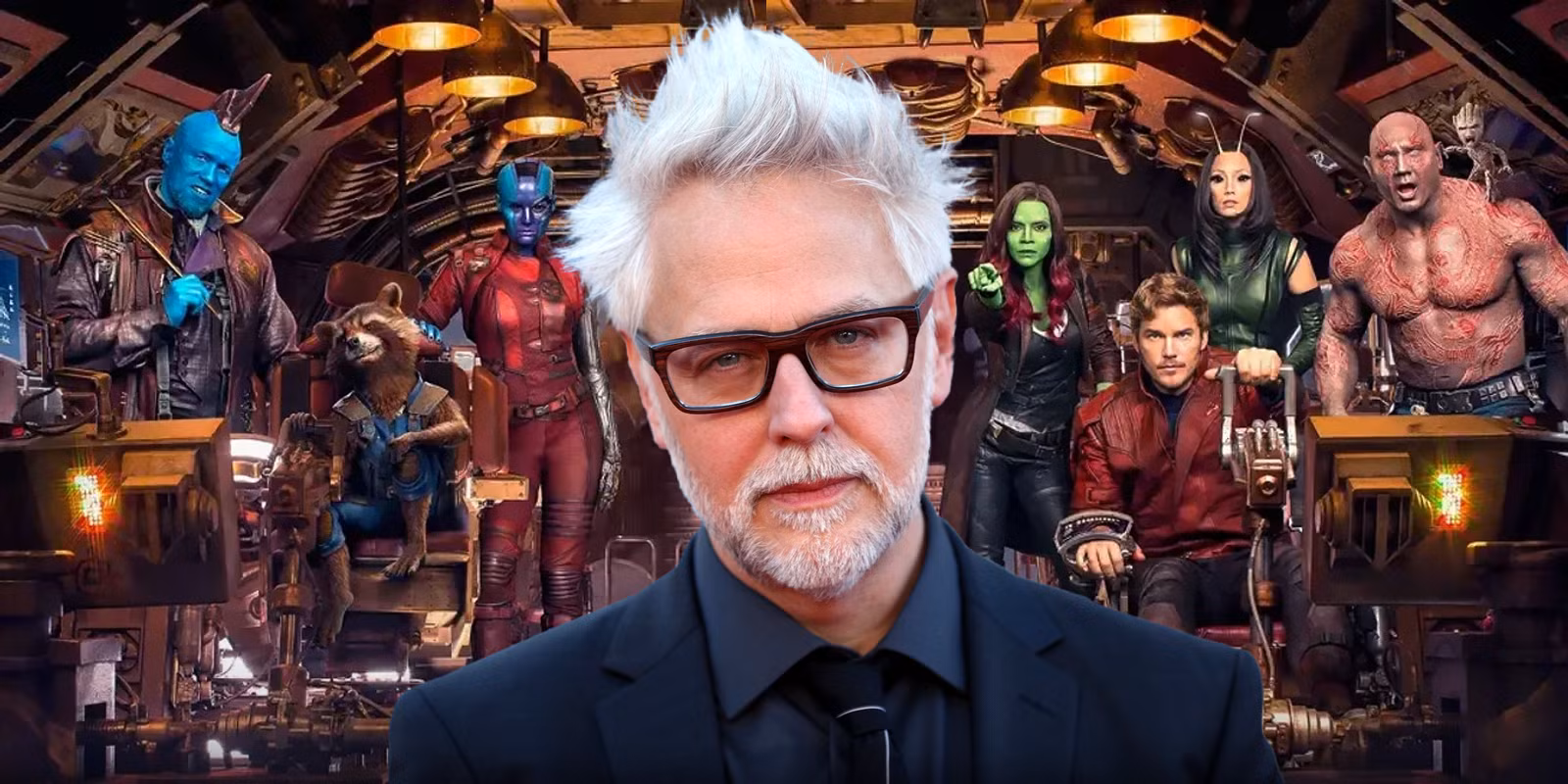 James Gunn standing confidently in front of the full cast of Guardians of the Galaxy.
