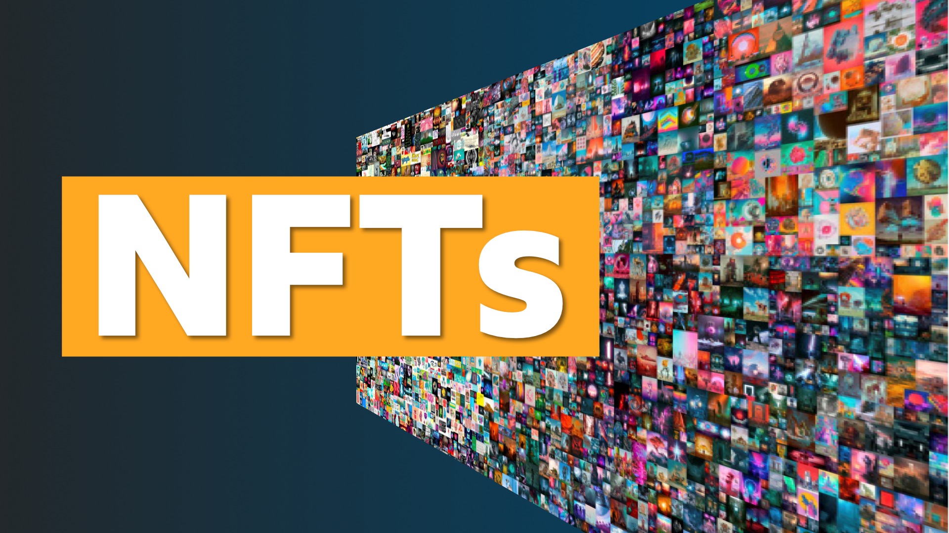 Wall of colorful digital art representing NFTs (non-fungible tokens) with bold "NFTs" text overlay on a dark gradient background.