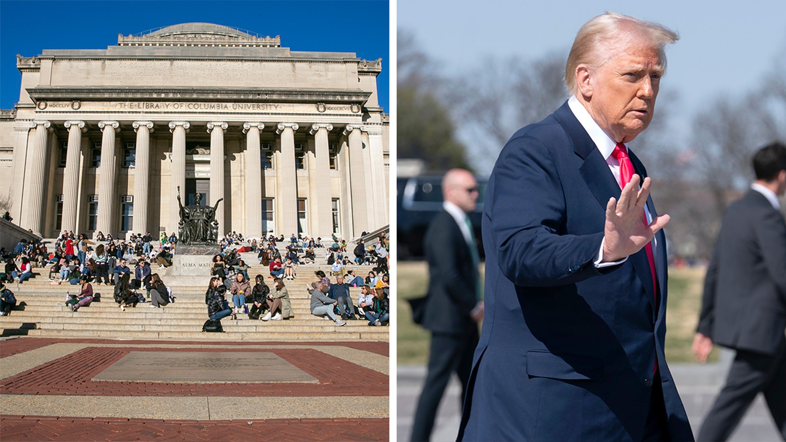 Split image showing Columbia University campus on one side and Donald Trump waving on the other.