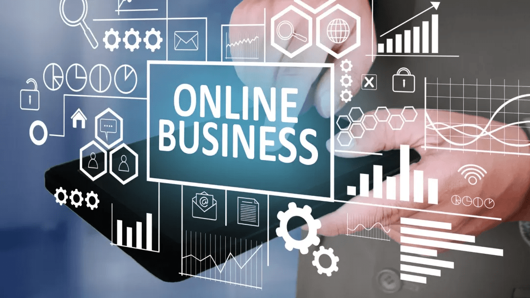 Person using a digital tablet with futuristic data graphics and the phrase “Online Business” displayed prominently, representing digital entrepreneurship and e-commerce strategy.