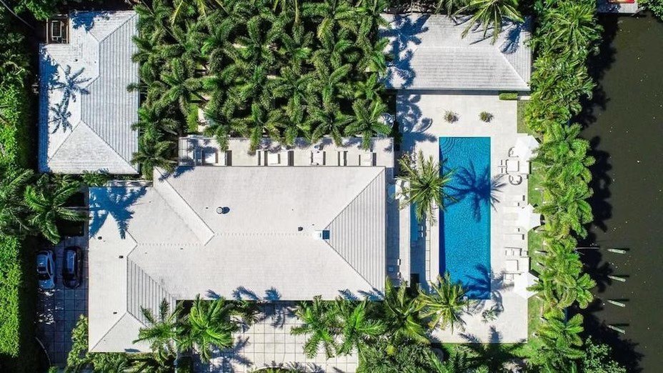 Aerial view of Jeffrey Epstein’s Palm Beach estate, showing the large oceanfront property with its grounds and nearby coastline.