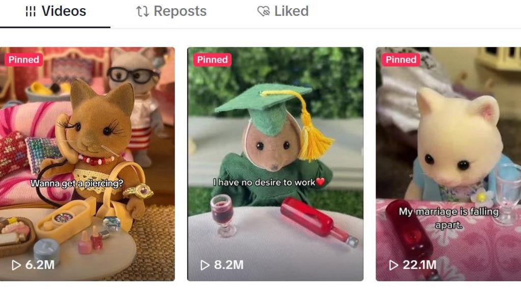 Three Sylvanian Drama TikTok scenes showing toy characters in adult-themed scenarios.