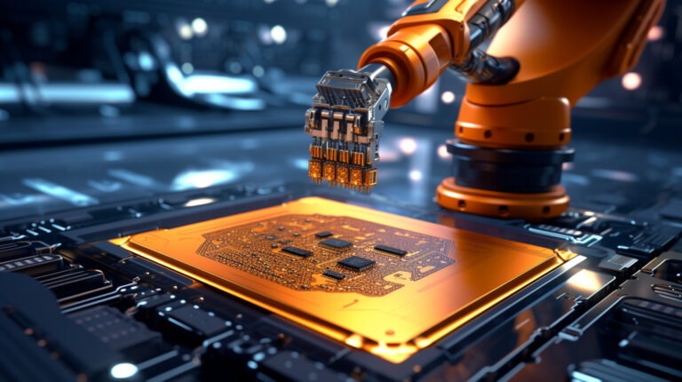 Robotic arm placing microchips onto an orange circuit board in a high-tech semiconductor manufacturing facility.
