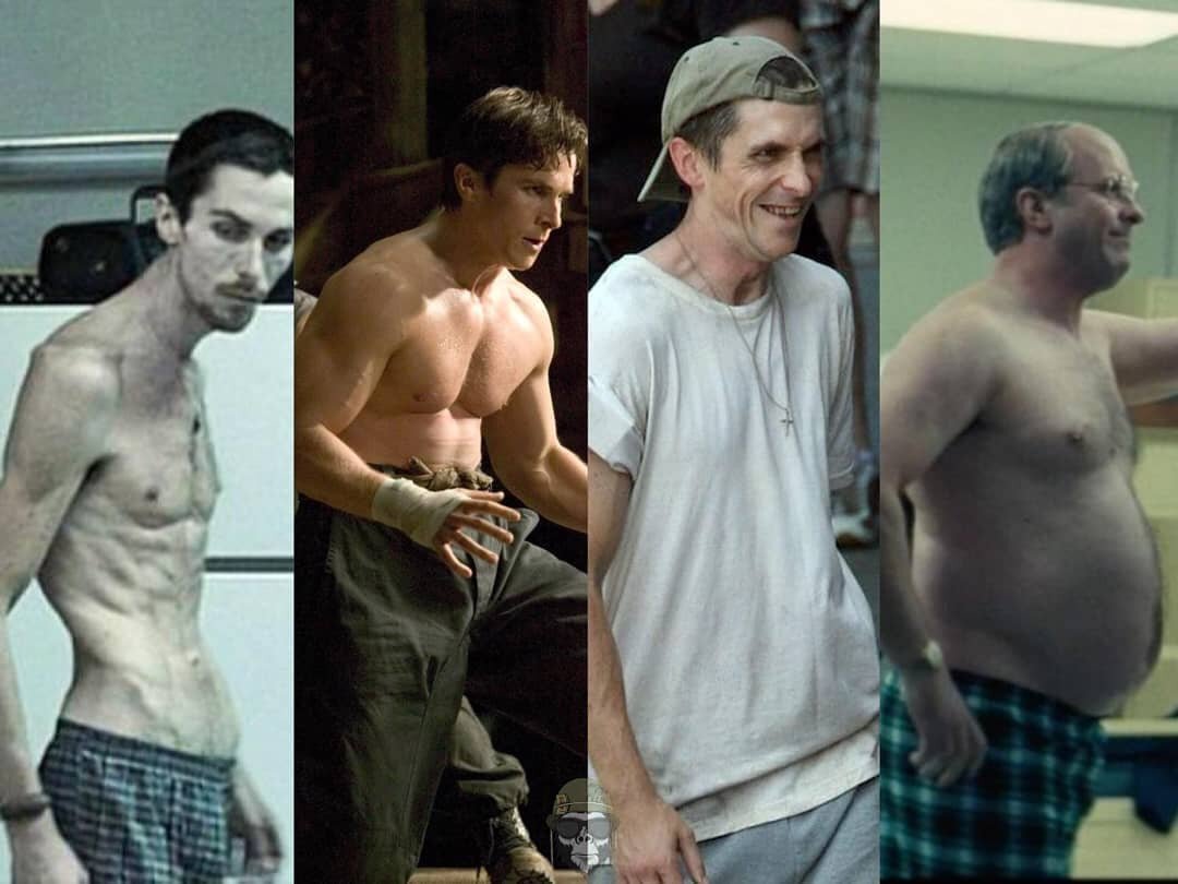 A collage of four images showing Christian Bale’s extreme body transformations: emaciated in The Machinist, muscular in Batman Begins, overweight in American Hustle, and athletic in Ford v Ferrari.