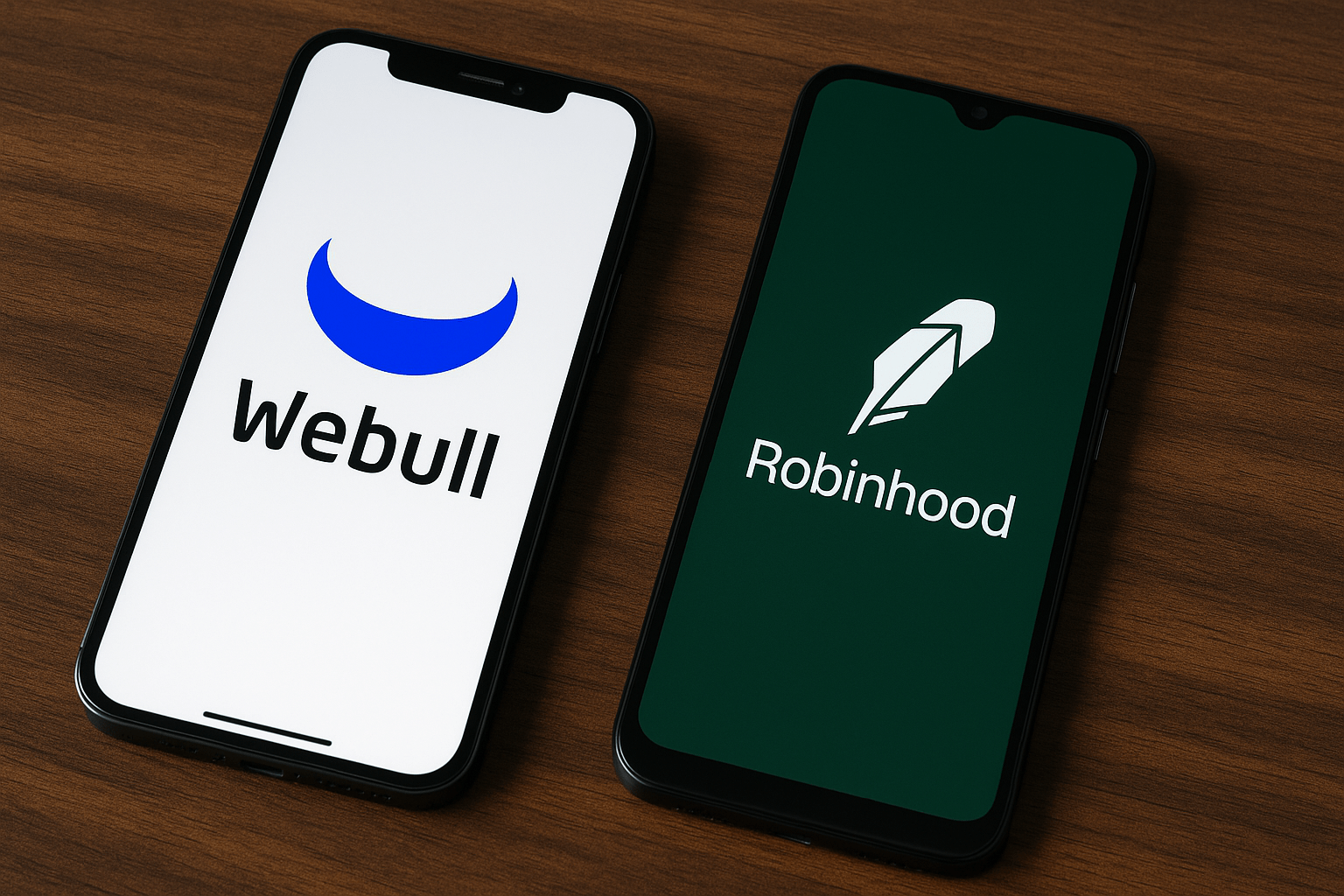 2 mobile phones showing Webull and Robinhood logos to show the article is a comparison between the 2 trading platforms