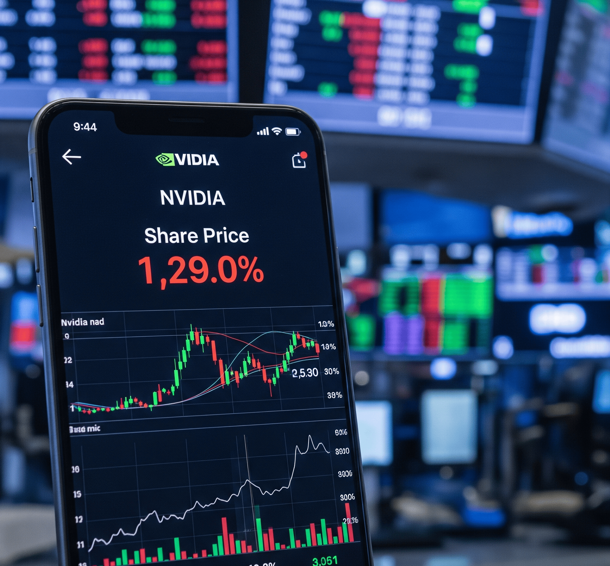 Smartphone screen displaying NVIDIA share price data, with a significant gain of 129%, shown in front of a stock trading floor and market monitors.