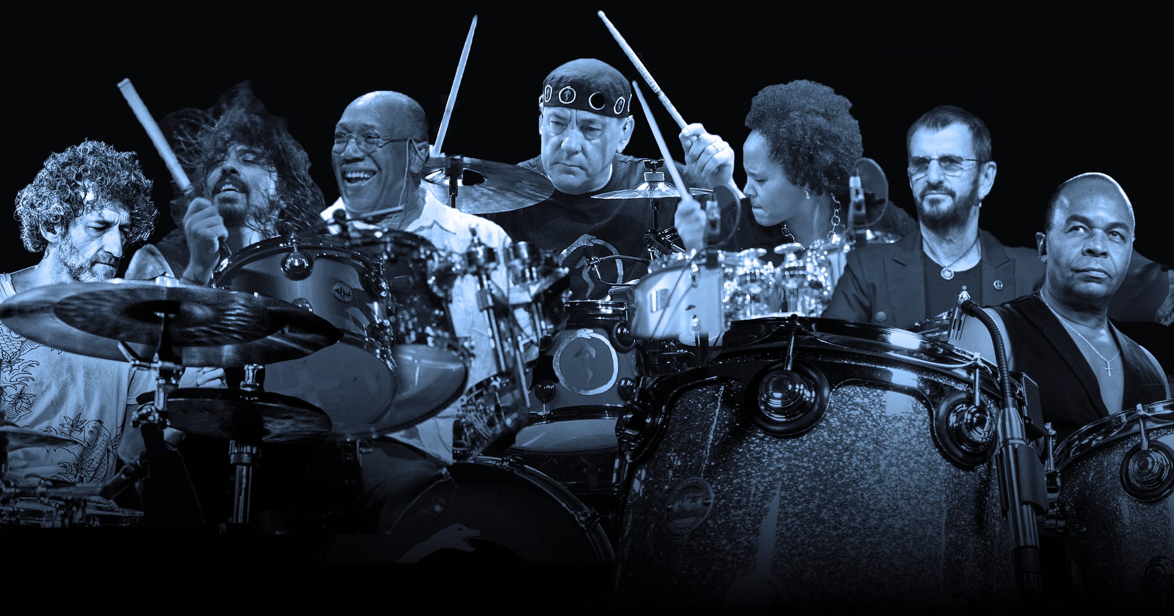 A collage of legendary drummers, including Ringo Starr and Dave Grohl each behind their iconic drum kits.