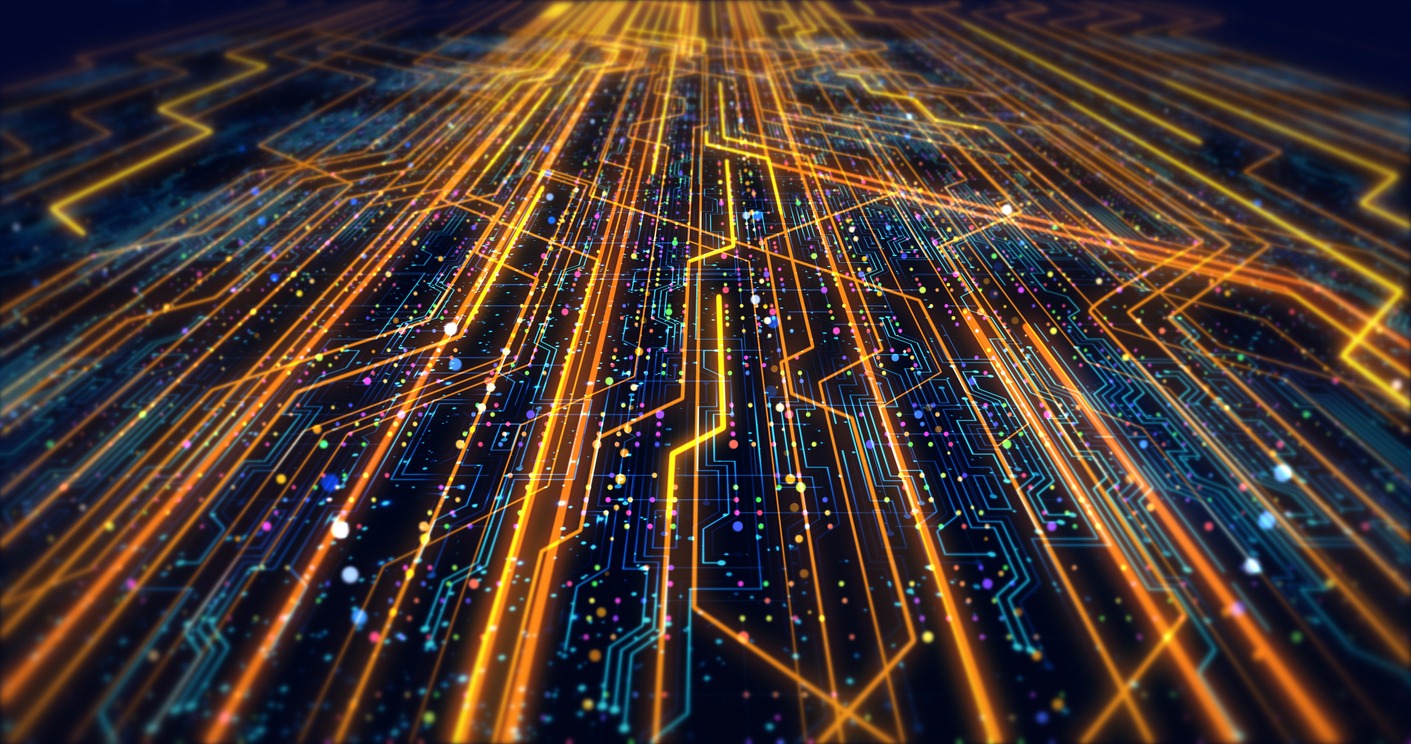 futuristic circuit board render with bokeh effects