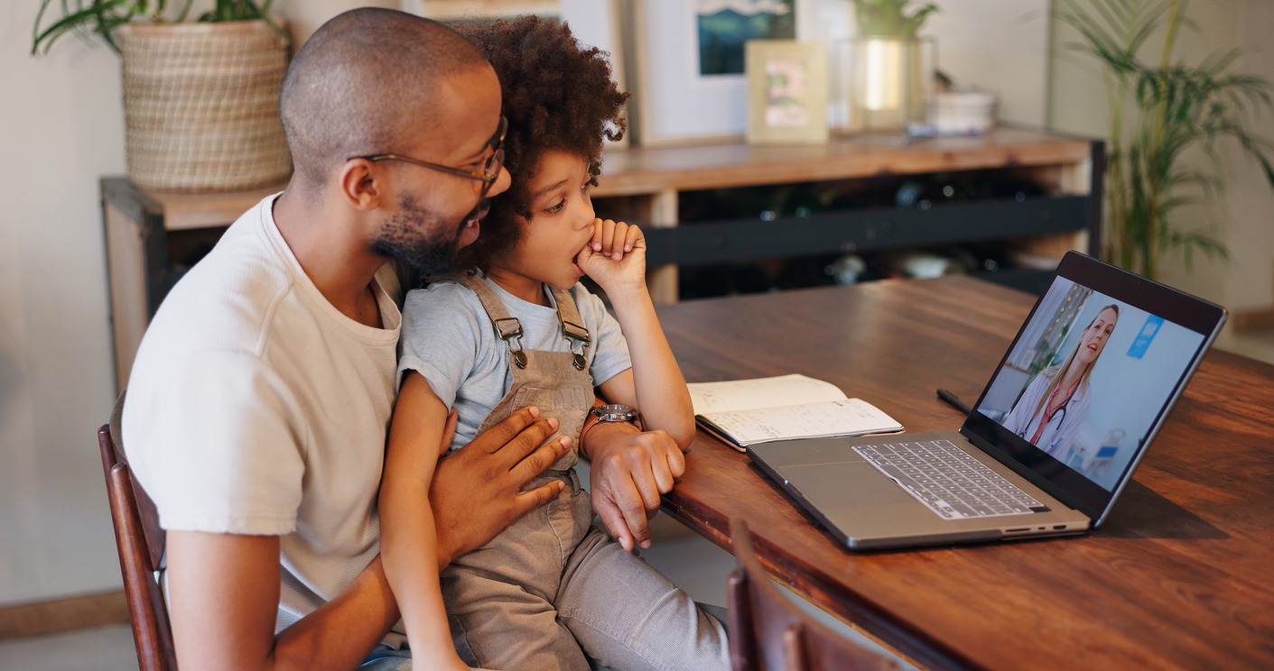 child, black man and laptop screen with doctor for telehealth service, communication and advice. home, boy and father with pediatrician on tech for medical support, discussion or virtual consultation