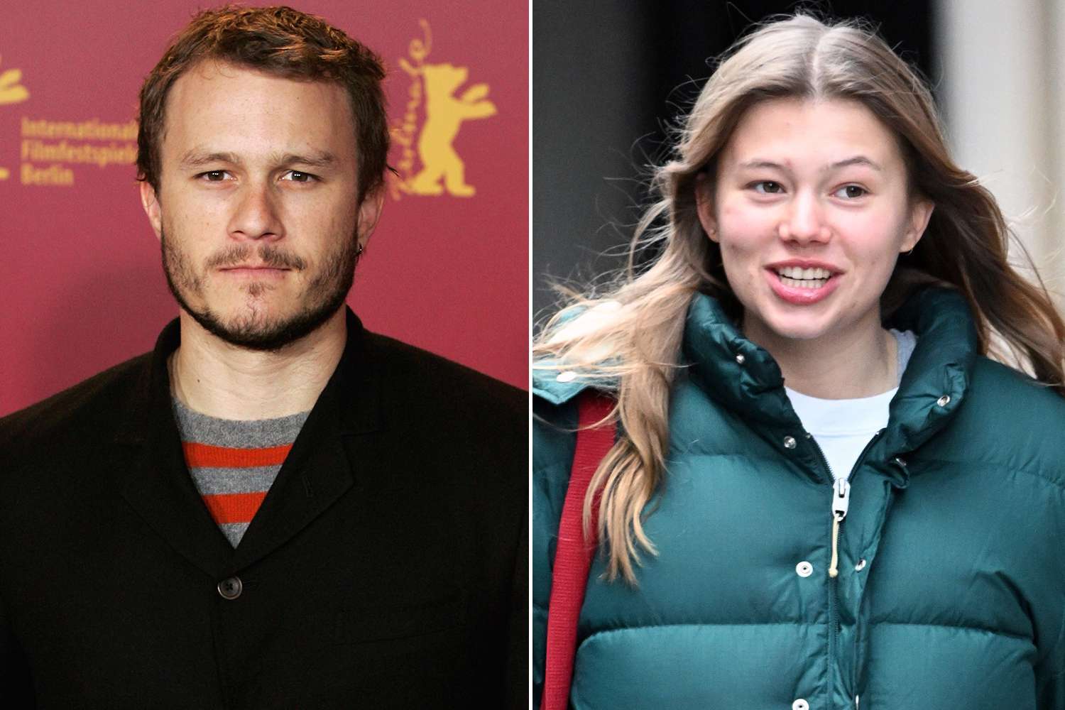 Split image showing Heath Ledger smiling beside his daughter Matilda.