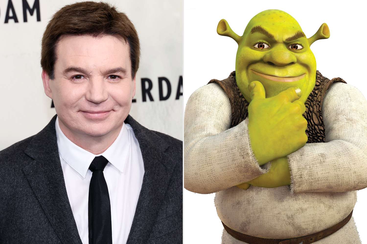 Split image showing Mike Myers on one side and Shrek, the animated character he voices, on the other