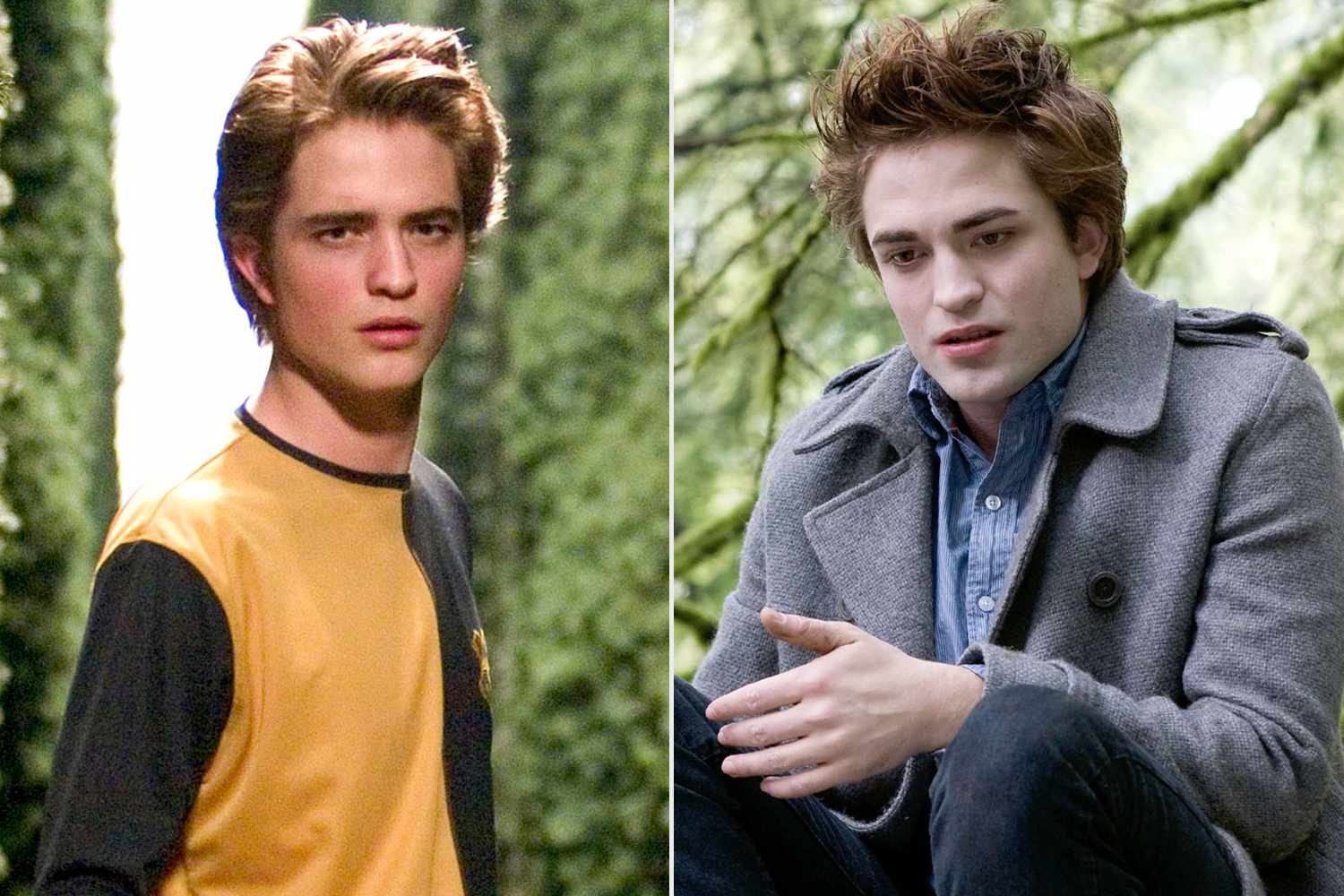 Split image showing Cedric Diggory and Edward Cullen side by side, both characters played by Robert Pattinson.