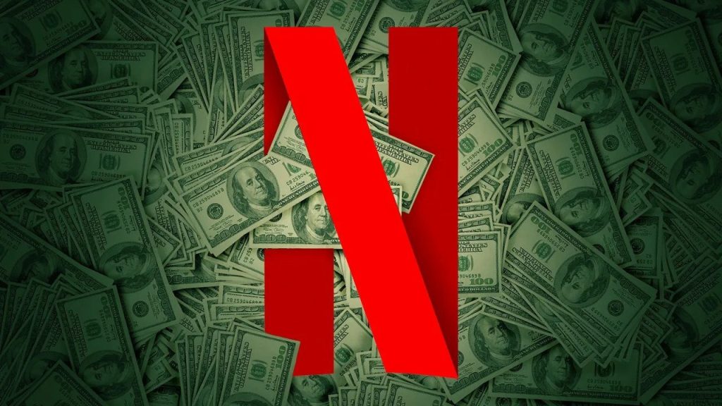 Netflix logo surrounded by floating US dollar bills, symbolizing cost savings from AI technology