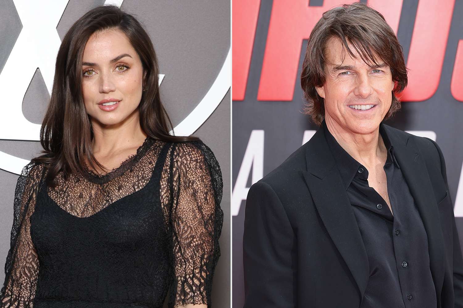 Split image showing Ana de Armas and Tom Cruise, each smiling separately in glamorous settings.