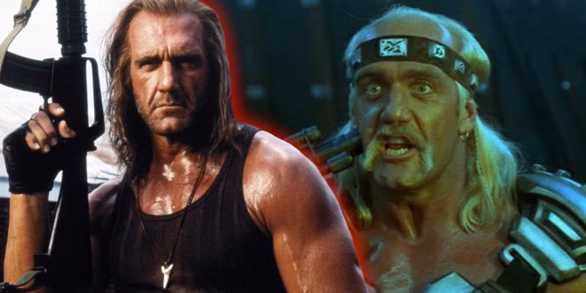 Side-by-side image showing Hulk Hogan in two of his iconic film roles.
