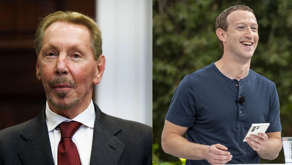 Split image of Larry Ellison and Mark Zuckerberg side by side, symbolizing Ellison overtaking Zuckerberg as the world’s second-richest person.