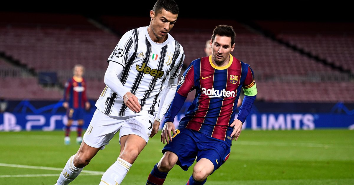 Lionel Messi and Cristiano Ronaldo competing during a Juventus vs. Barcelona match, showcasing intense on-pitch rivalry.