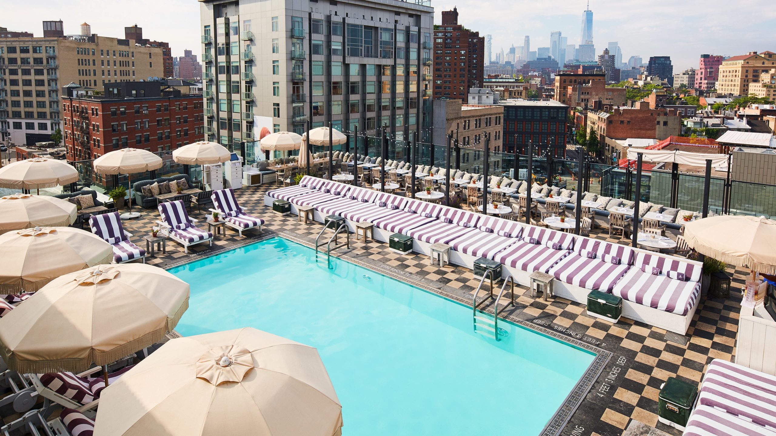 Rooftop pool at Soho House with panoramic city views and lounge seating