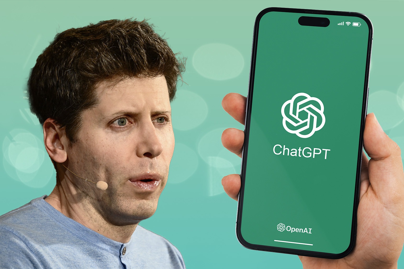 Sam Altman standing beside the OpenAI logo at a tech event.