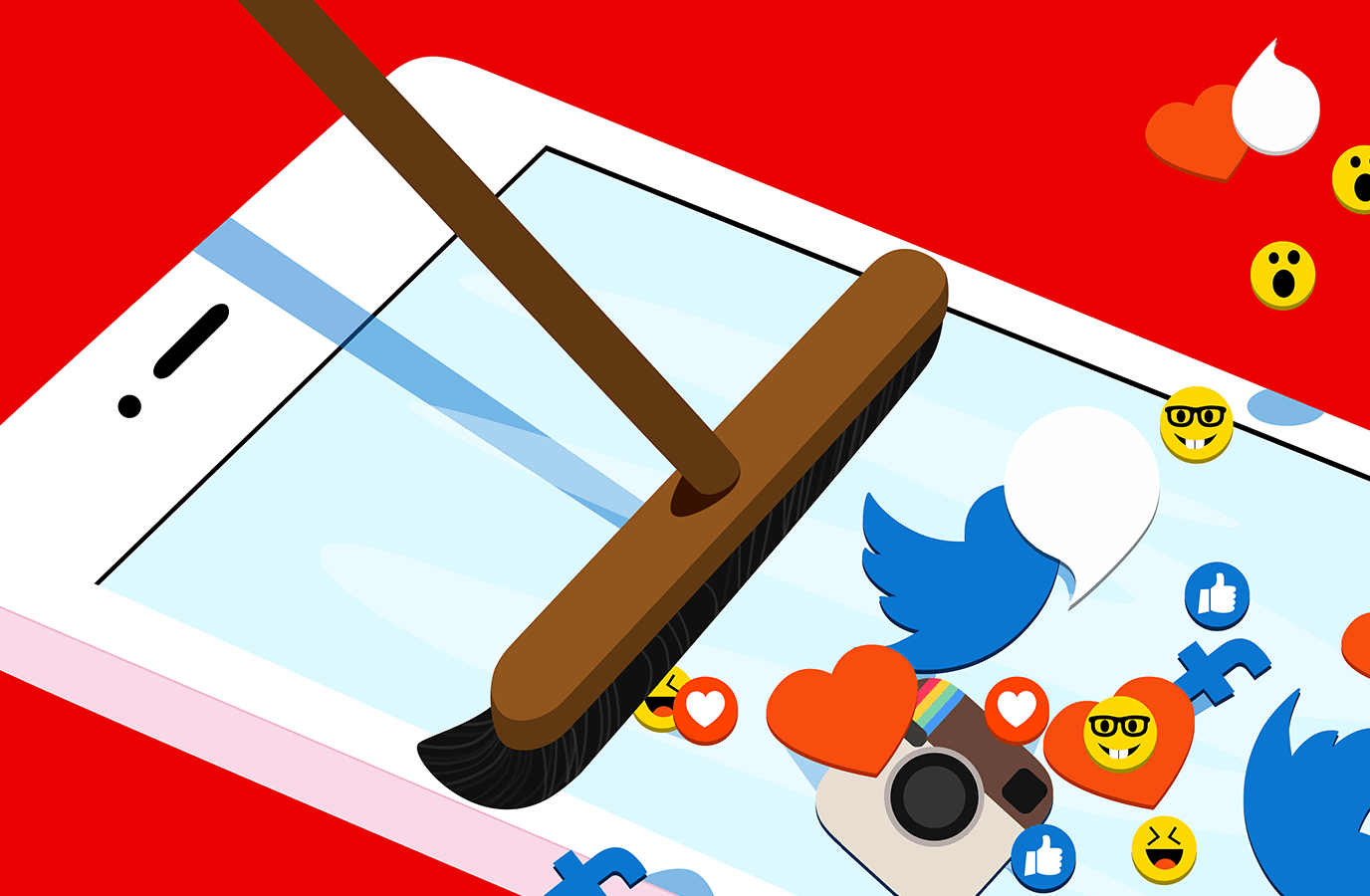 A brush sweeping across a smartphone screen, symbolizing the act of cleaning or scrubbing social media posts.