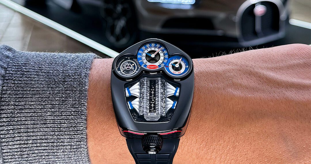 Jacob Arabo wearing the unique 1-of-1 Jacob & Co. Bugatti Tourbillon diamond watch inspired by the Bugatti engine.