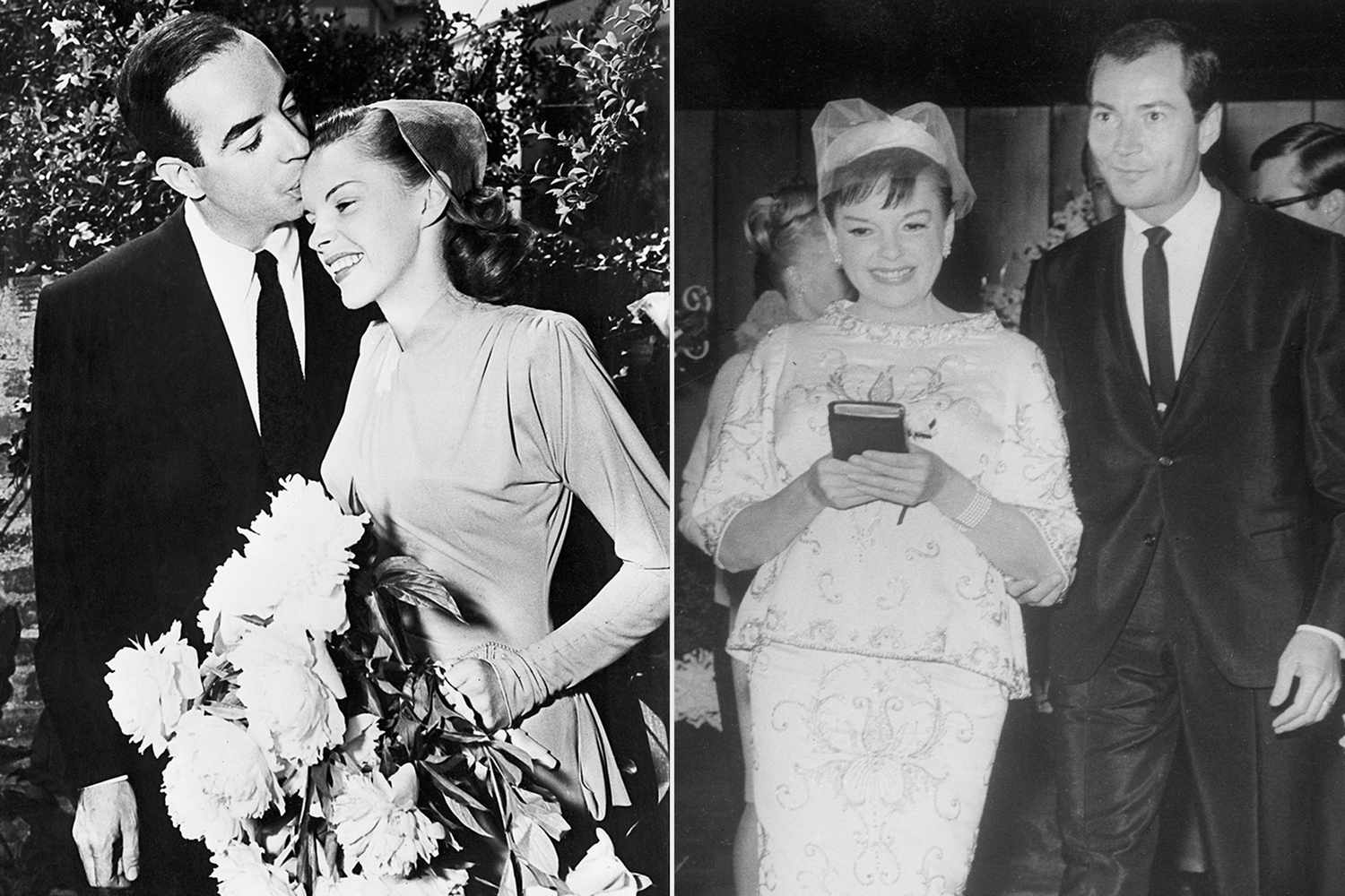 Split image showing two of Judy Garland’s weddings, highlighting the multiple marriages she had.