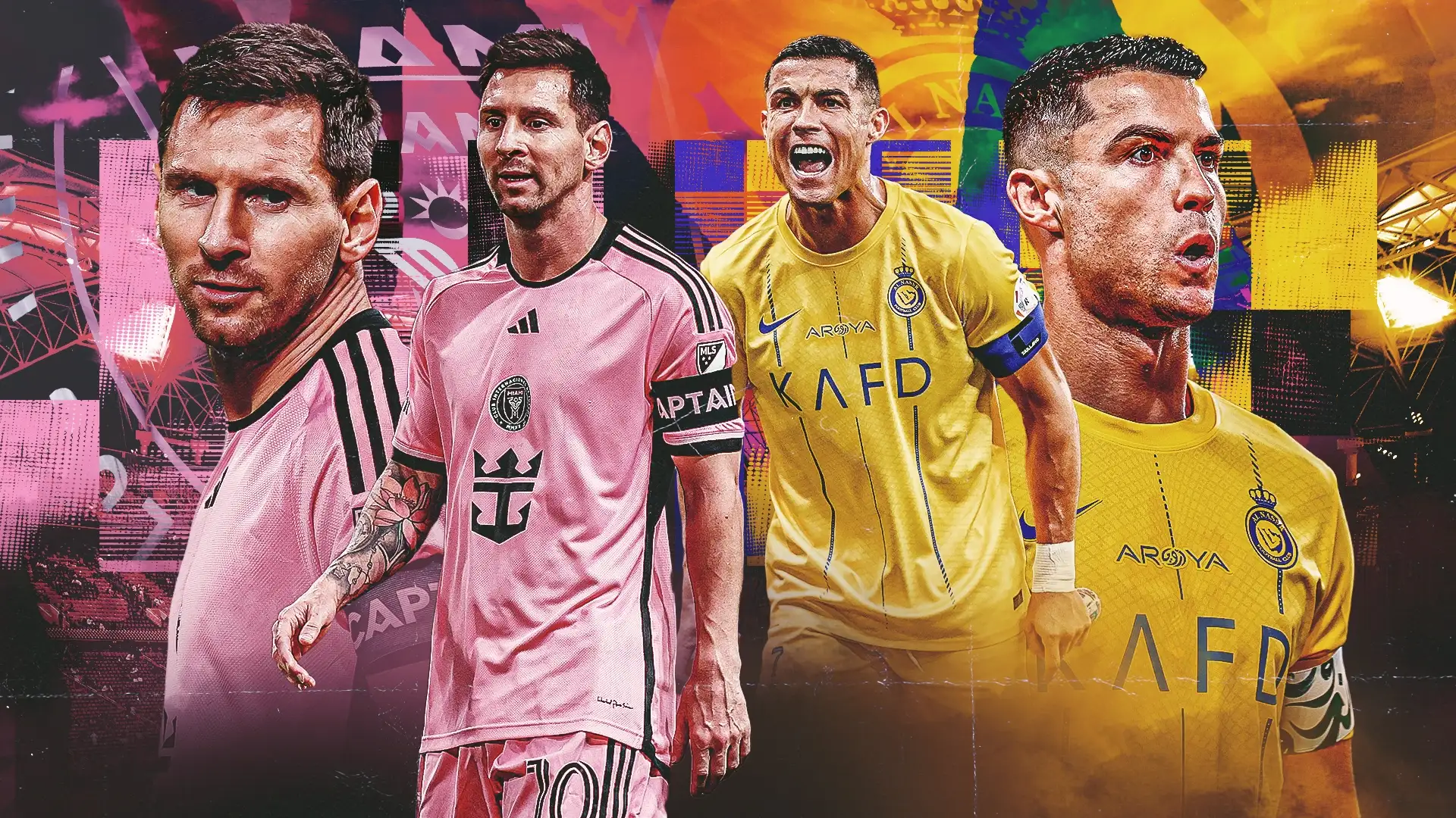 Colorful collage of Lionel Messi and Cristiano Ronaldo in their current club kits, highlighting their ongoing careers.