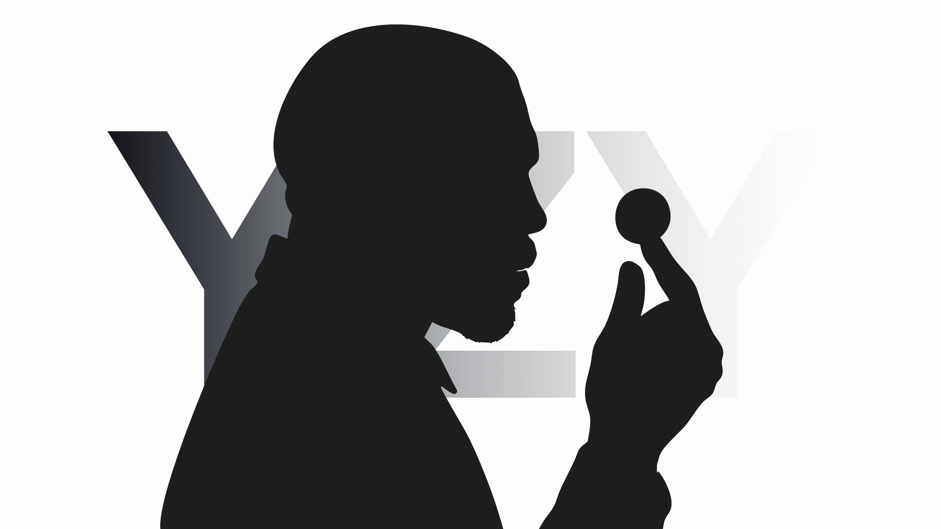 Silhouette of Kanye West balancing a coin on his finger with “YZY” logo glowing in the background.