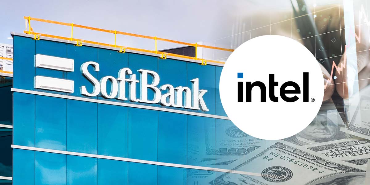 The SoftBank headquarters building with the Intel logo digitally placed in front, symbolizing the $2 billion stake.