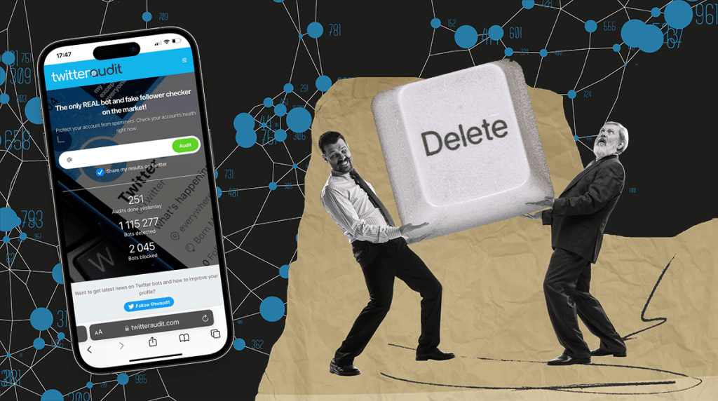 Two men carrying an oversized delete key with a mobile phone displaying the Twitter app beside them.