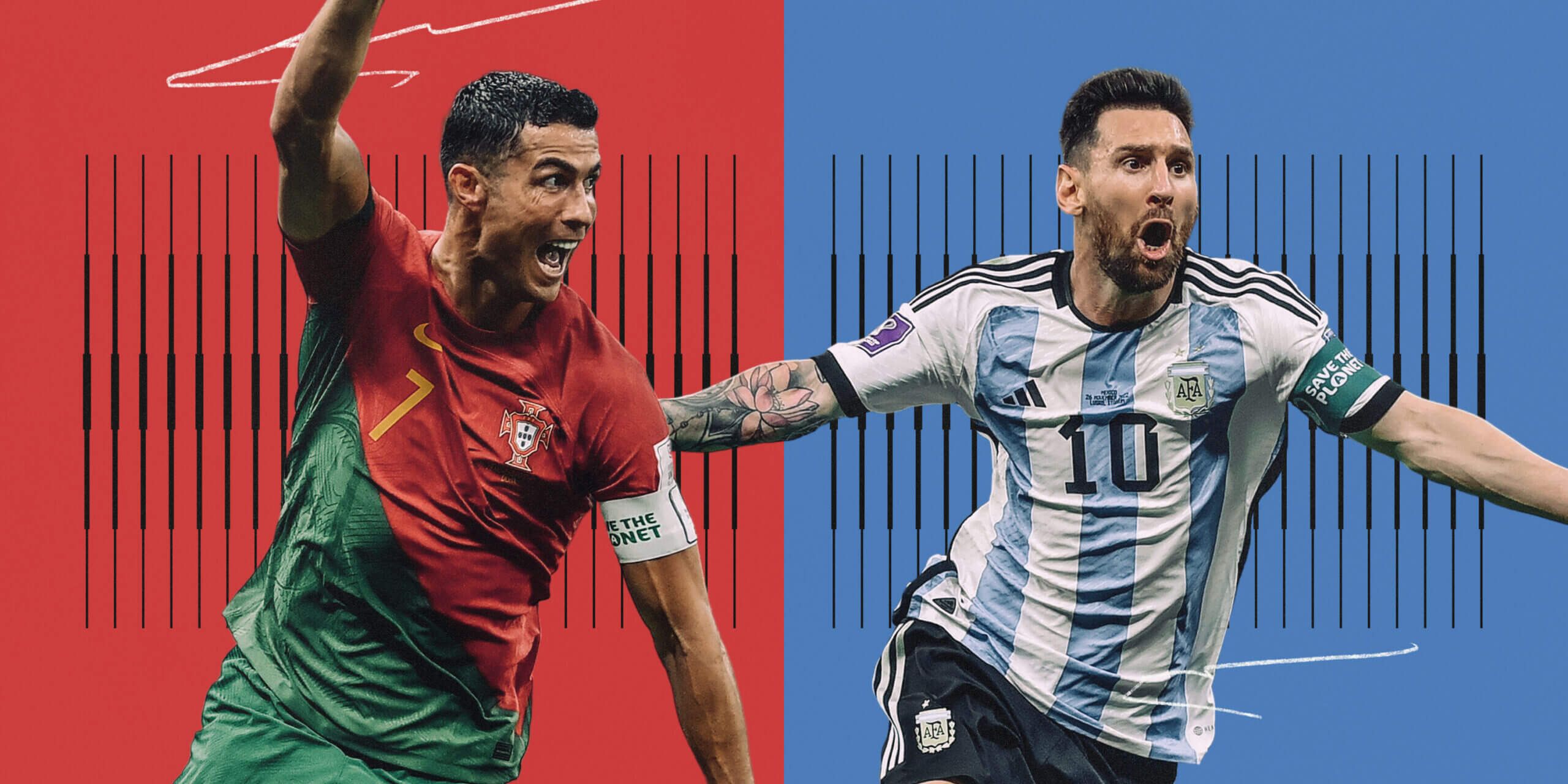 Lionel Messi and Cristiano Ronaldo side by side, each wearing their national team kits in a split red and blue background.