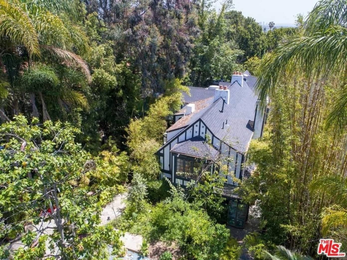Aerial view of Shirley Temple’s former Hollywood home, showing the property and surrounding landscape.