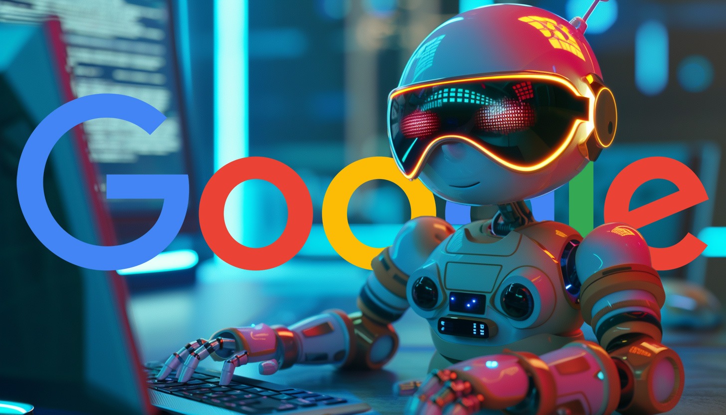Futuristic AI robot with Google logo behind it, symbolizing Google AI Overviews changing search results.