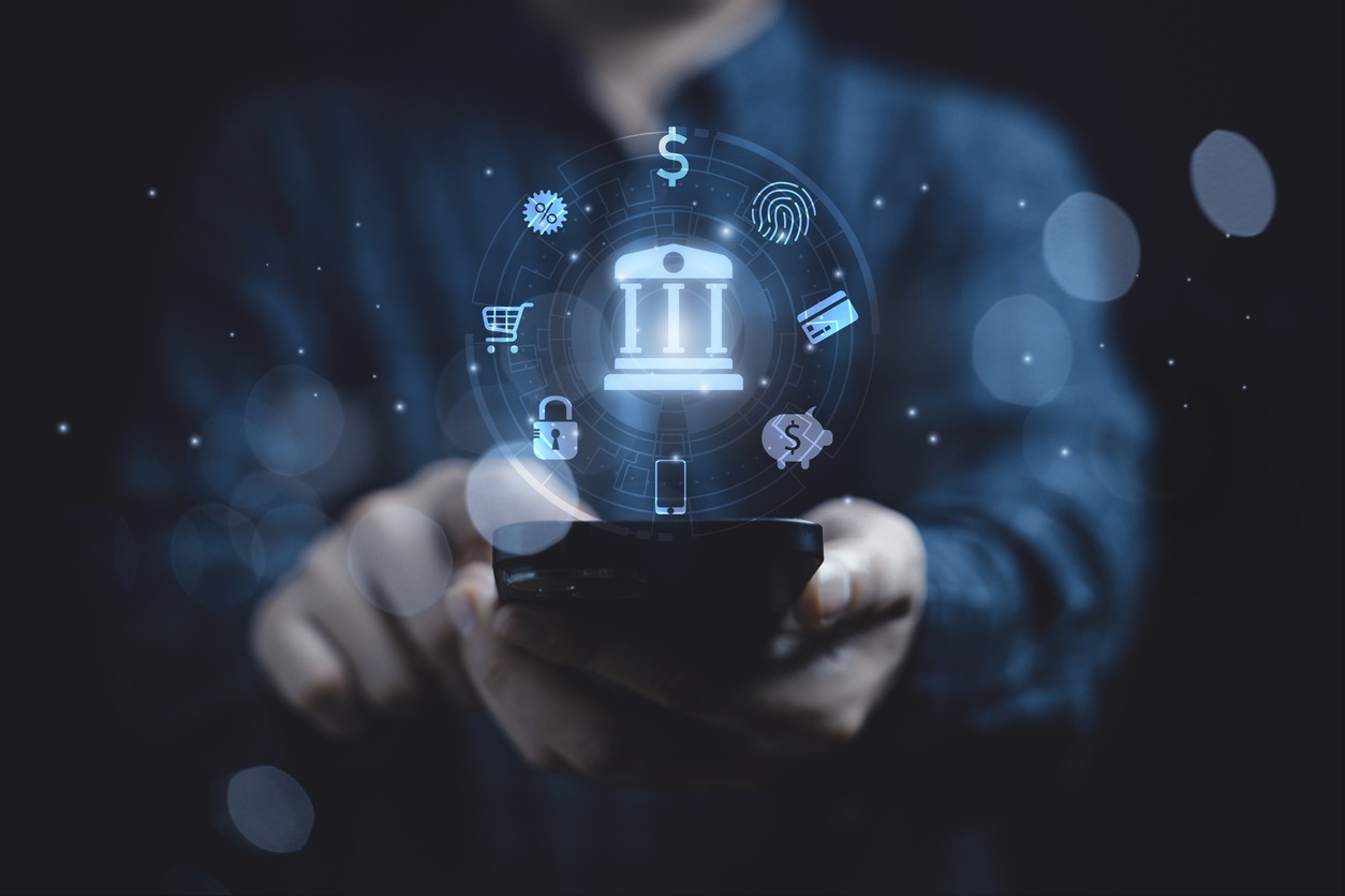 business using smartphone with banking icon for internet mobile banking technology to conduct money transfer , payment , saving and investment concept.