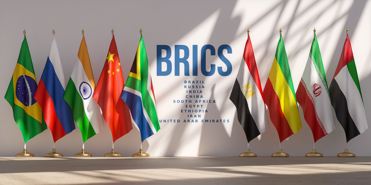 brics summit or meeting concept. row from flags of all members of brics list of countries.