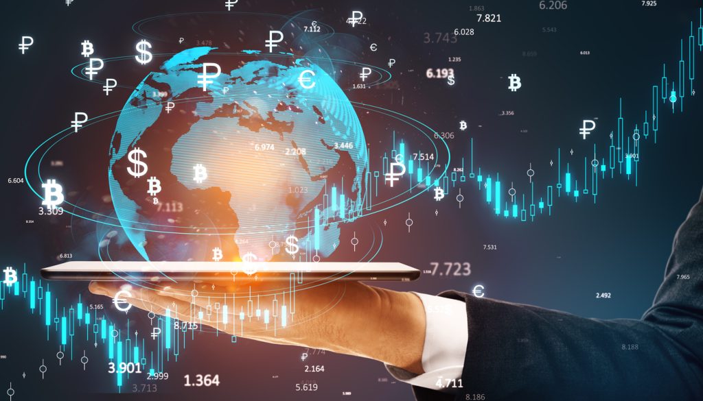 digital currency and financial market concept with global symbols.