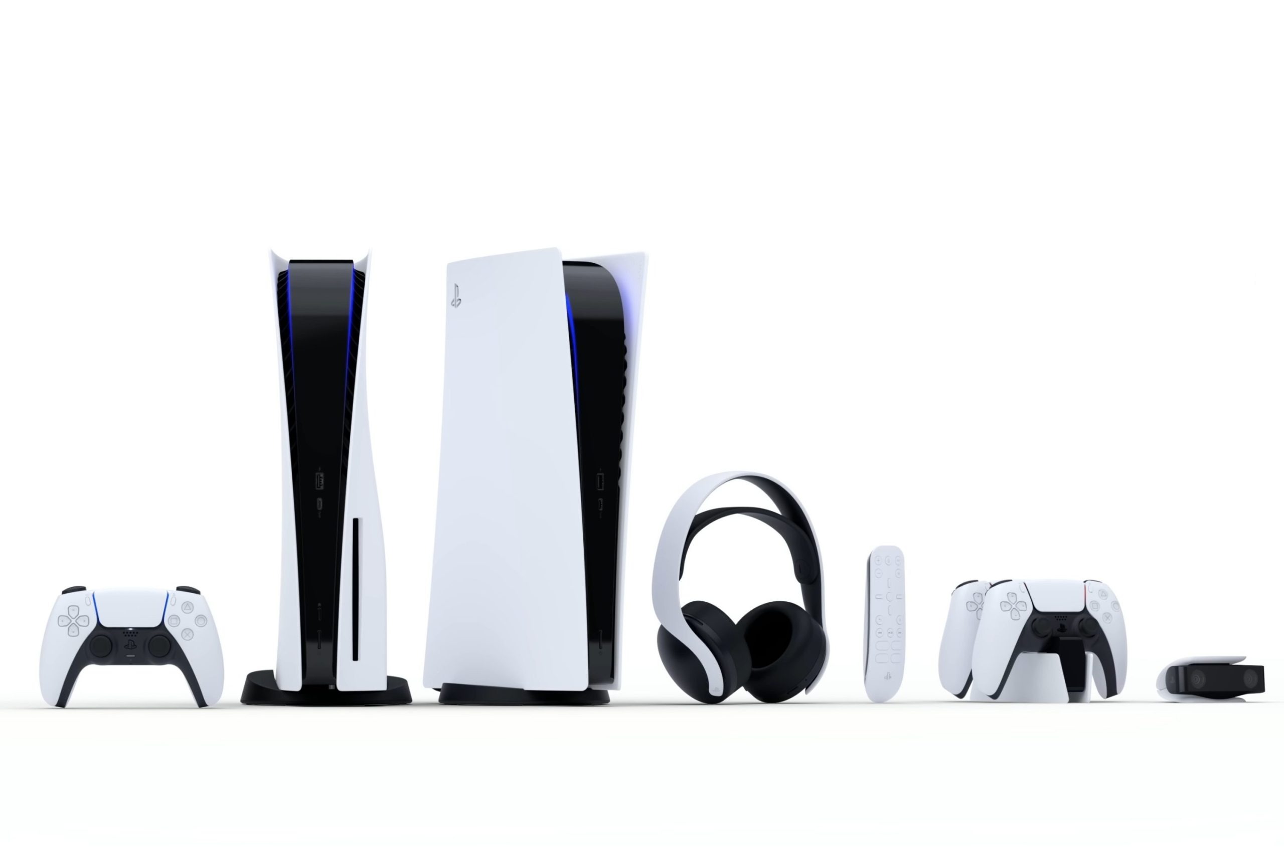 All PlayStation 5 models and accessories lined up on a white background, including the Standard Edition, Digital Edition, and PS5 Pro.