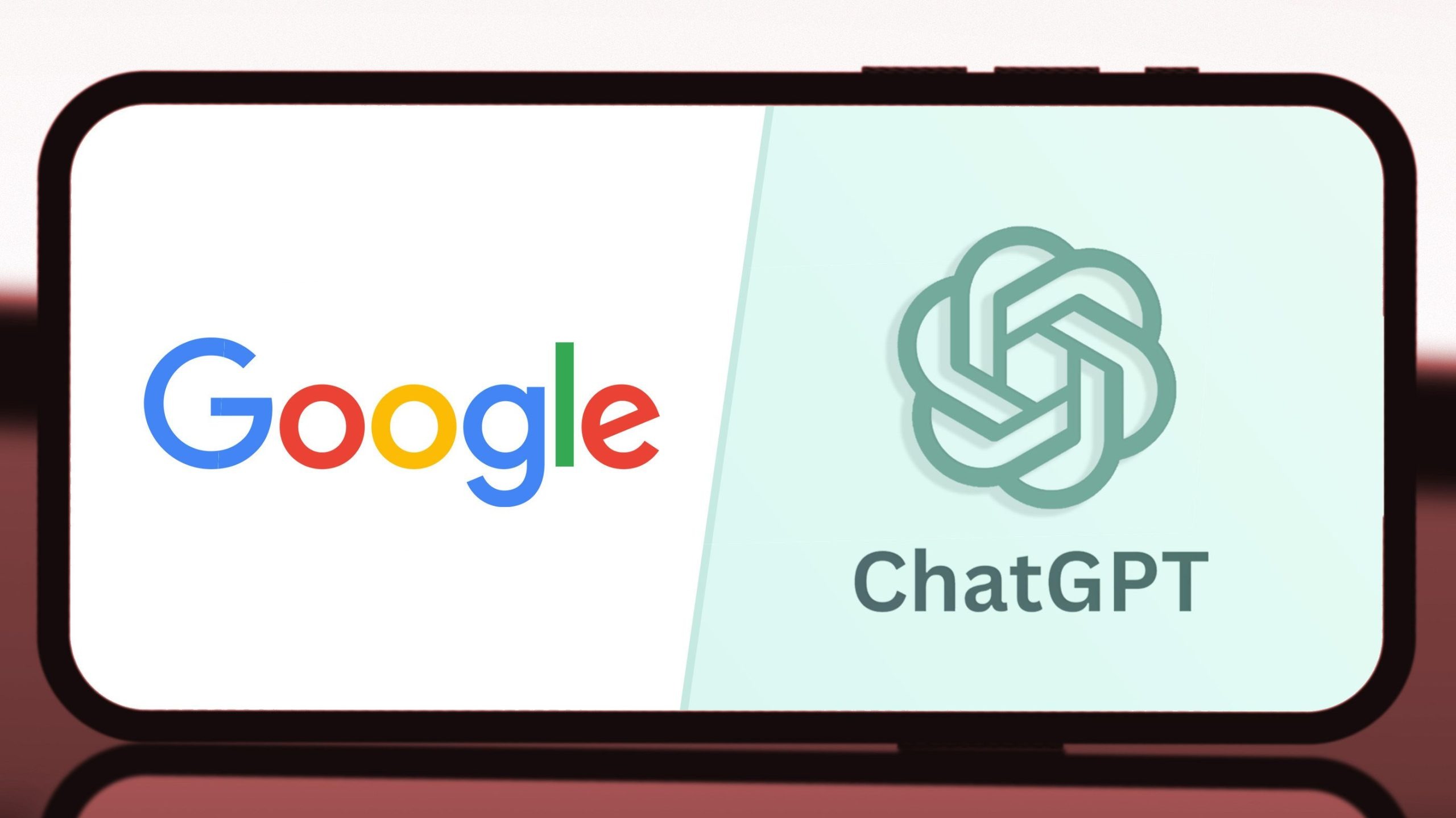 A smartphone screen displaying both the ChatGPT and Google logos side by side, highlighting the competition between AI and traditional search.
