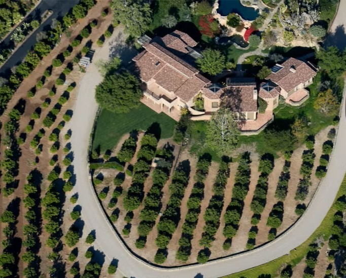 An aerial view of Tom Selleck's ranch in Ventura, California, showing the main house and rows of trees on the property.
