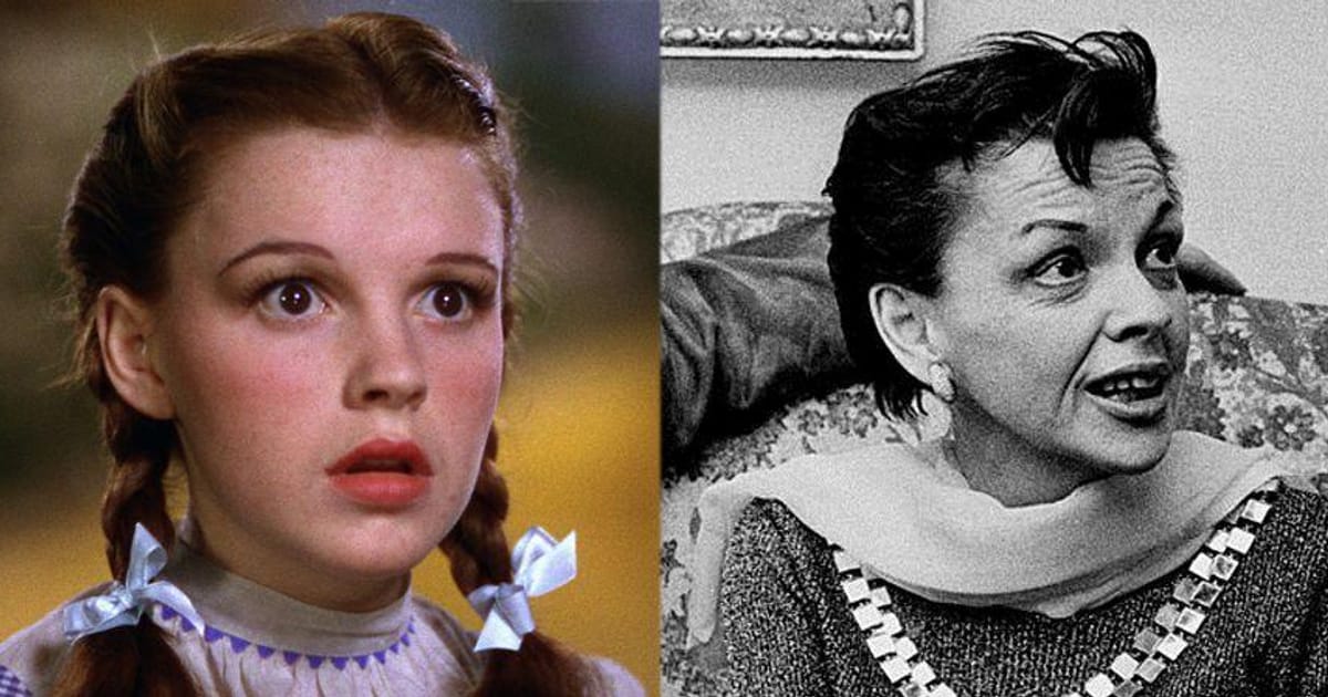 Side-by-side image of a young Judy Garland as Dorothy in The Wizard of Oz and an older Judy Garland later in life.