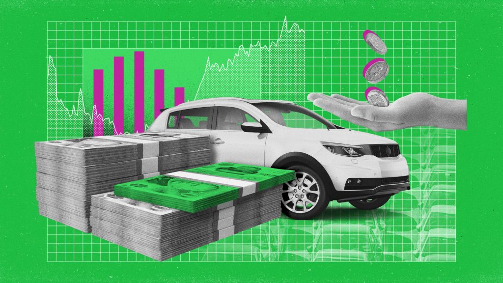 A car surrounded by flying banknotes symbolizing car finance compensation payouts.