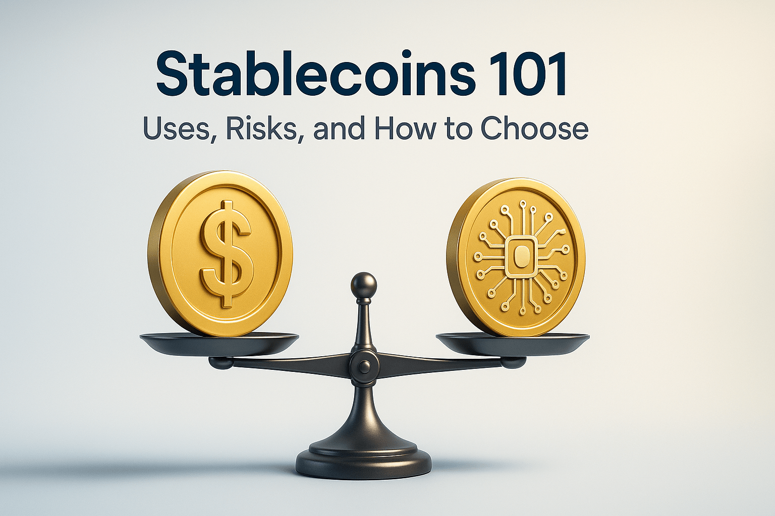 Illustration of stablecoins concept with a dollar coin and digital coin balanced on scales, symbolizing stability, risks, and crypto regulation