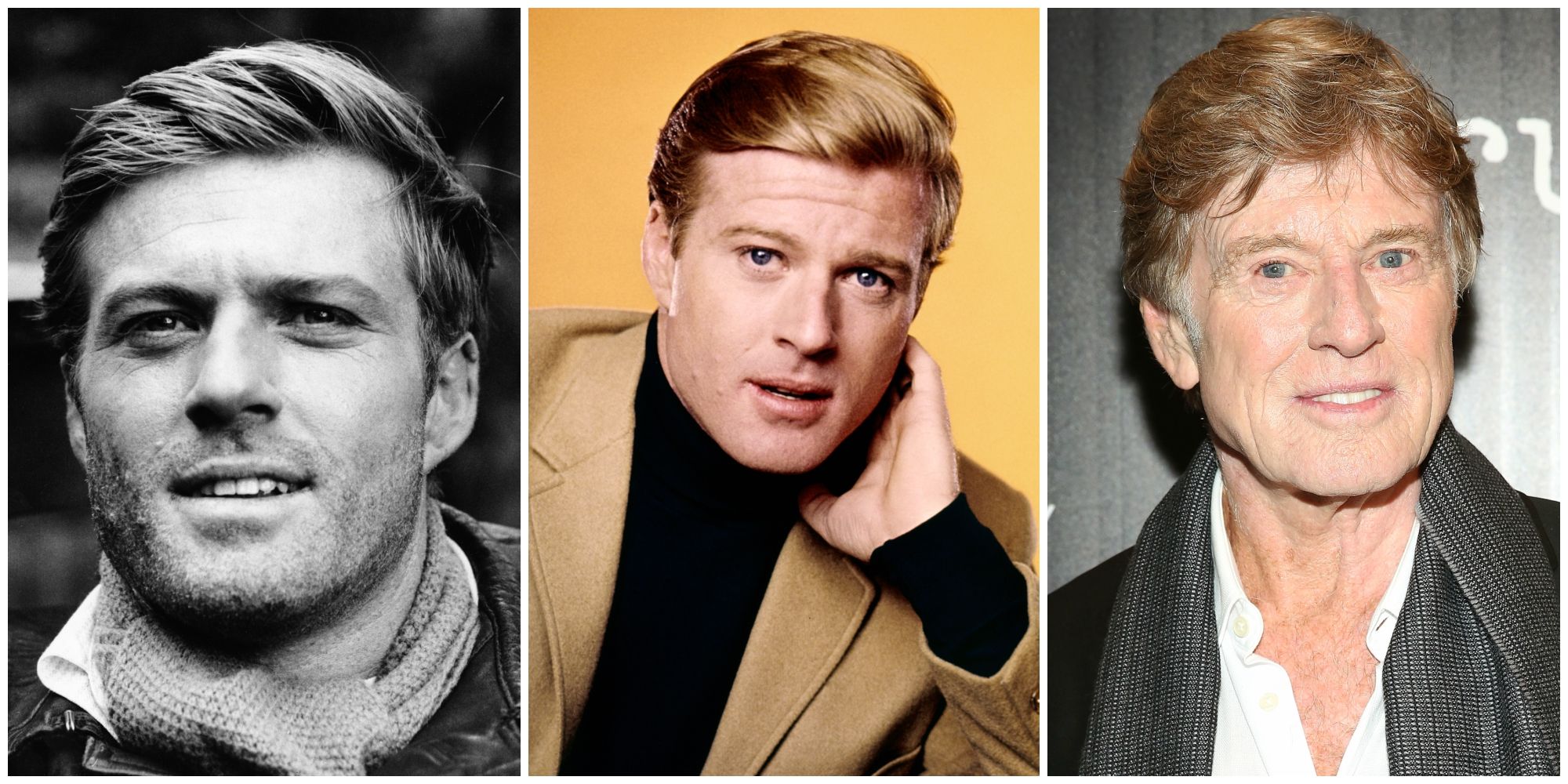 A triple collage of Robert Redford at different stages of his life—his early years as a young actor, his peak Hollywood career, and his later years as a celebrated icon.