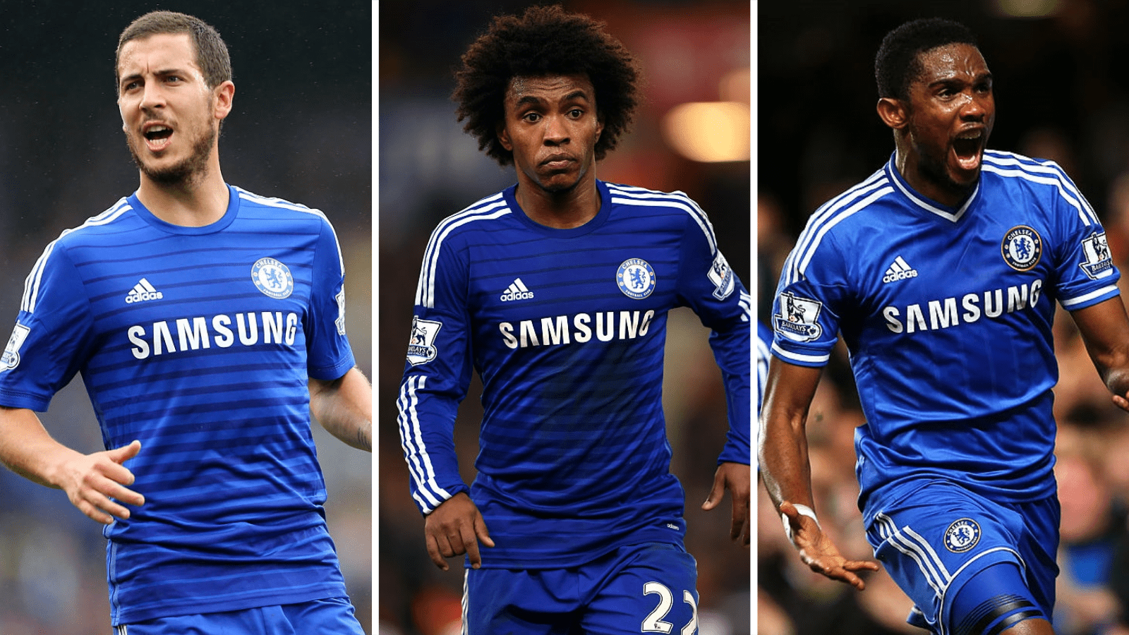 Triple image of Eden Hazard, Samuel Eto'o, and Willian, the three players involved in Chelsea’s FA agent payment investigation.