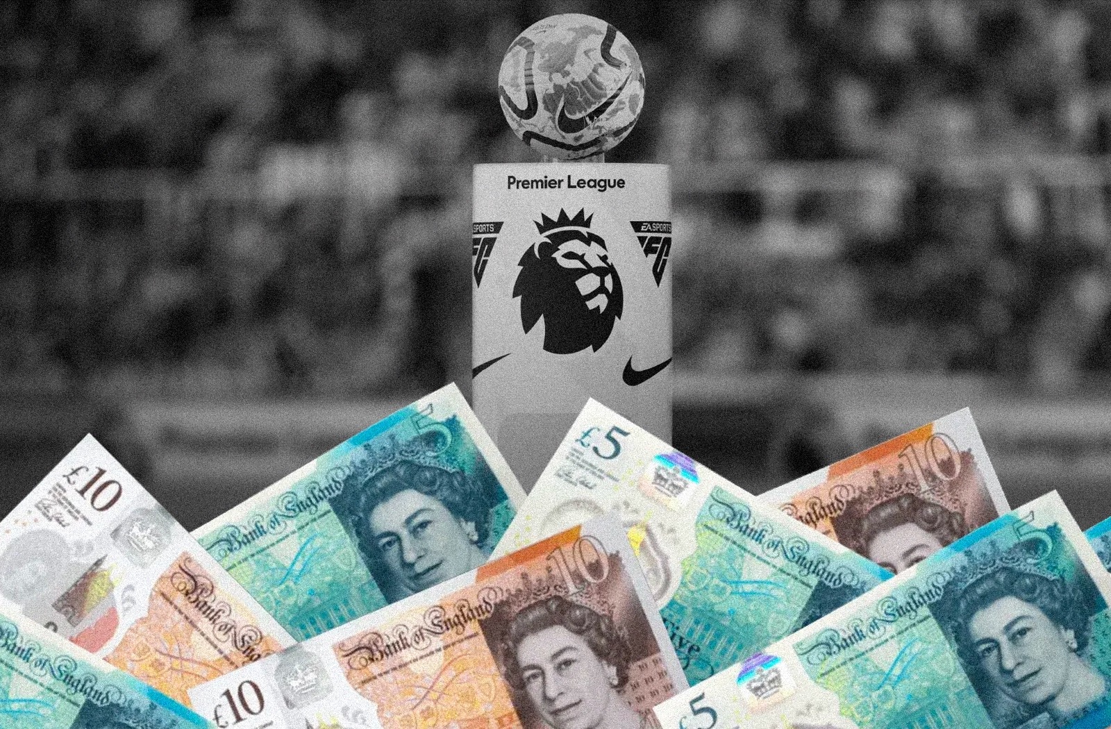 Premier League football displayed on a plinth surrounded by stacks of cash, symbolizing record-breaking £3.17 billion summer transfer spending.