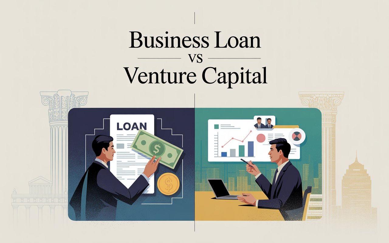 Cartoon showing a bank handing a business loan to a small business owner while a CEO looks toward a pile of venture capital funding, illustrating startup financing choices.